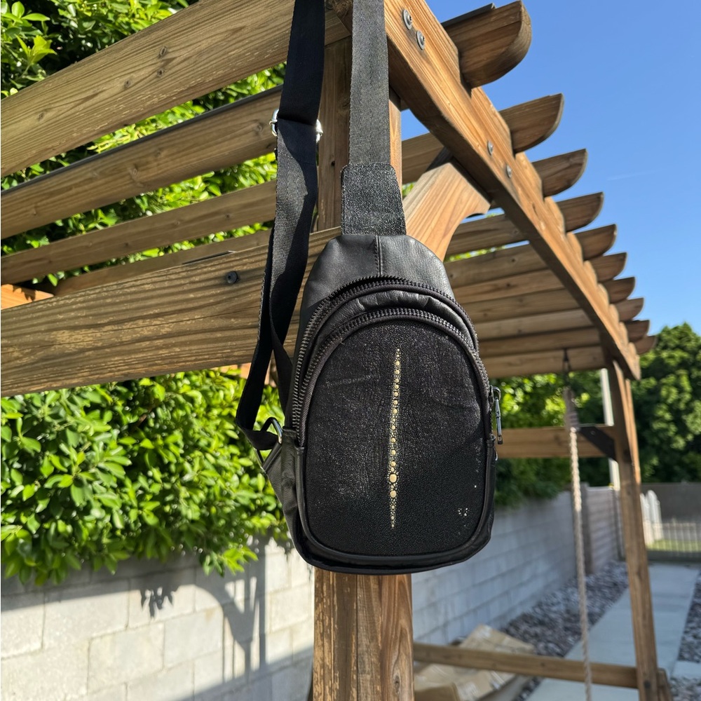 Black Stingray leather Men’s Crossbody Sling Bag - two pockets for storage